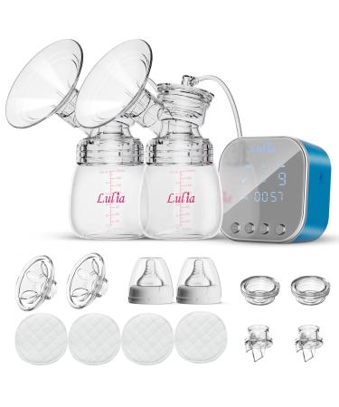 2023 Upgraded Model Lulia Double Electric Breast Pump Portable Strong Suction Painless Breast Pump with 2 Sizes of Flanges 4 Modes and 9 Levels of Milk Volume Ultra Silent Rechargeable (Blue) LU-01-C Blue