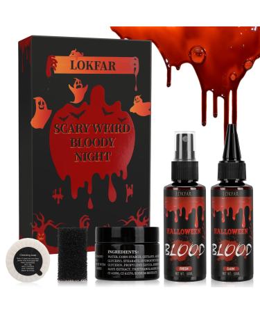 6 IN 1 Fake Blood Kit Fake Blood 1.69oz X2 + Coagulated Blood 1.41oz+Spray Head+Dripping Head+Soap+Sponge Washable Realistic Effect Skin Friendly Professional Fake Blood Makeup Kit Fresh+Dark Fresh+Dark+Coagulated Blood