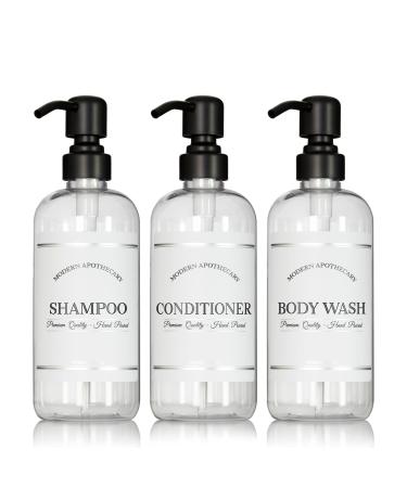 Clear Refillable Shampoo and Conditioner Bottles - Body Wash  Shampoo and Conditioner Dispenser - PET Plastic Shampoo Bottles Refillable with Pump - Waterproof Labels - 16 oz 3 Pack (Black Satin) Black Satin Pumps
