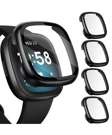 4 Pack iVoler Screen Protector Tempered Glass for Fitbit Sense/Versa 3 Hard PC case with Bumper Cover Sensitive Touch Full Coverage Protective Case for Sense/Versa 3 Smart Watch Black