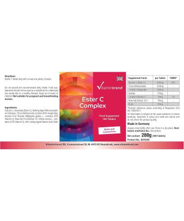 Ester C Complex - avec Bioflavono des et Ac rola - Vitamine C Tamponn e V gan - Boite de 180 comprim s - ! POUR 6 MOIS ! | Vitamintrend  - Buy Online on GoSupps.com