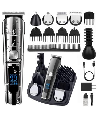 Ceenwes Beard Trimmer Hair Clippers Professional Mens Grooming Kit Cordless Waterproof Nose Trimmer Body Gifts for Men A-grey