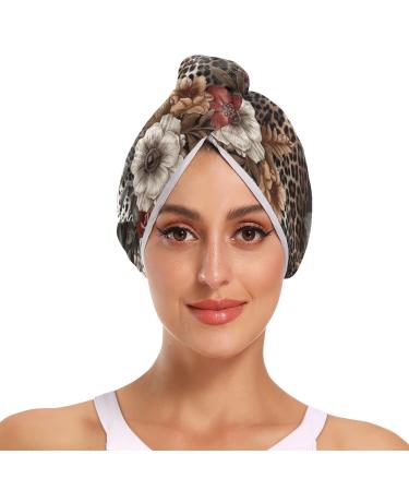 Floral Cheetah Hair Towel 2 Pack Super Absorbent Hair Drying Towel Quick Dry Hair Turbans Head Towel with Button Twisty Wrap for Women Girls