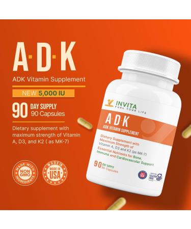 INVITA ADK Vitamin Supplement 90 Capsules High Potency of Vitamin A D3 5000 IU & K2-MK7 Physician Formulated for Bone Heart & Immune Support Non-GMO Gluten Free (3-Month Supply) Pack of 1 (90 Count) - Buy Online on GoSupps.com