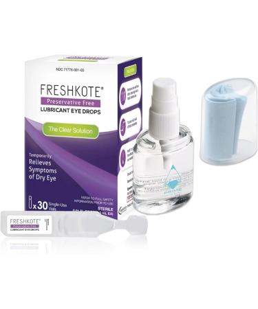 FRESHKOTE Eye Drops for Dry Eyes (30 Single-Use Vials) Freshkote Preservative Free Lubricant Eye Drops for Contacts Bundled with Ammonia-Free Eye Glass Cleaner Spray and Microfiber Cloth