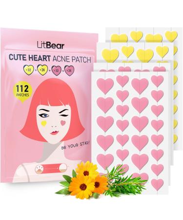 LitBear Acne Patch Pimple Patch  Pink & Yellow Heart Shaped Acne Absorbing Cover Patch  Hydrocolloid Acne Patches For Face Zit Patch Acne Dots  Tea Tree Oil + Centella  112 Patches  14mm & 10mm