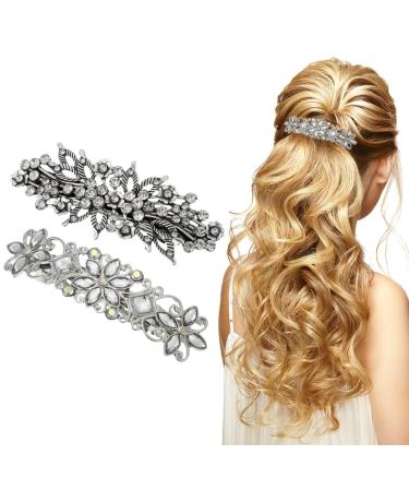 Davfiecn 2 Pieces Antique Crystal Barrette Rhinestone Metal French Barrettes Rhinestone Pearl Hair Clips for Women Girls Wedding Birthday Prom Gift
