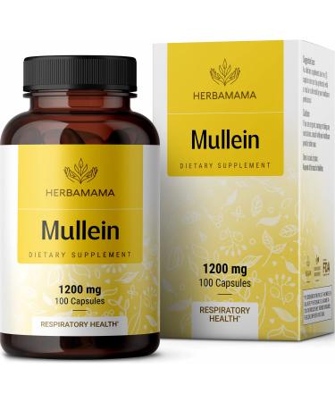 HERBAMAMA Mullein Leaf Capsules Respiratory Health - Organic Mullein Leaf Extract for Lung Detox  Cleanse - 1200mg 100 Vegan Caps 100 Count (Pack of 1)