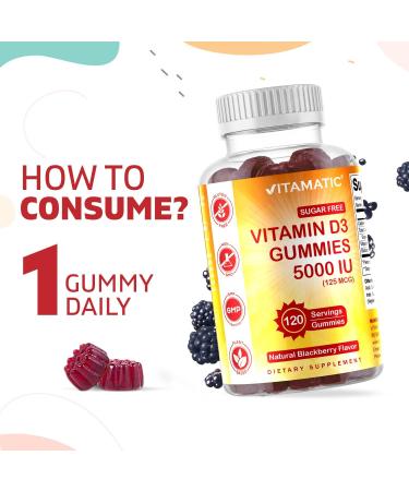 Vitamatic Sugar Free Vitamin D3 5000 IU Gummies - 120 Pectin Based - Healthy Bones & Immune Support - Non-GMO - 120 Servings - Buy Online on GoSupps.com