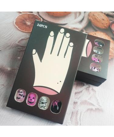 Shop 24pcs Halloween Press On Nails - Ghost Face Bats & Spider Web Designs | Glossy Gel Glue False Nails for Women & Girls - Buy Online on GoSupps.com