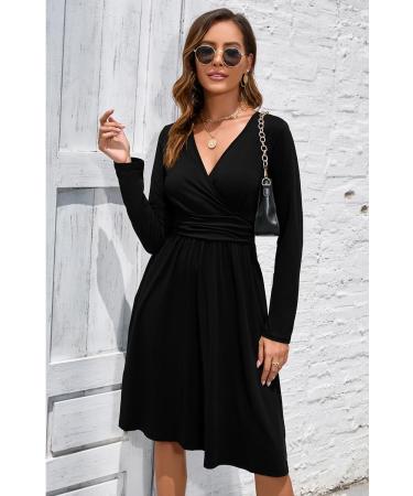 OUGES Women's Spring Casual Midi Dress with Long Sleeve V-Neck | Floral Wrap Dress with Pockets - XXL Black - Buy Online on GoSupps.com