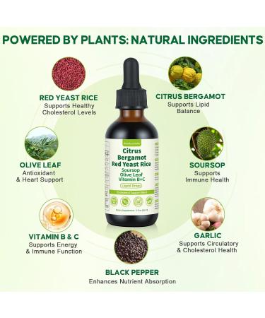 Red Yeast Rice Drops Natural Cholesterol Support with Citrus Soursop Bergamot & Olive Leaf 2 fl oz (60ml) Vegan Non-GMO Supplement with Vitamin B+C - Buy Online on GoSupps.com