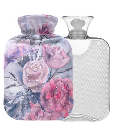 NAANLE hot water bottle with cover watercolor floral roses transparent hot water bottle 1 l hot water bottle for pain relief back hand feet heat and cold therapy 1L