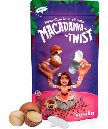 Macadamia Twist Premium Australian Macadamia Nuts in Shell, Dry Roasted, Vanilla Flavored, with Key Device Inside to Open Shells, 8 Oz Vanilla Dry Roasted