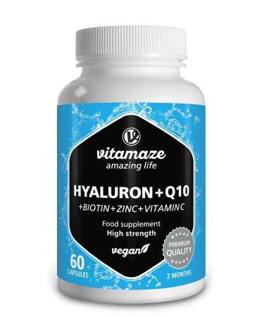 Hyaluronic Acid High Strength + Q10 Coenzymes 60 Vegan Capsules for 2 Months Molecular Size 500-700 kDa Pure & Natural Supplement without Additives