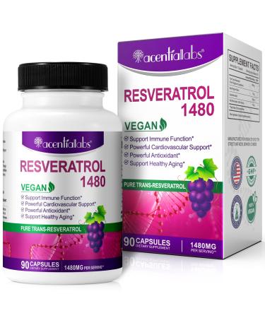 Resveratrol 1 480MG with Quercetin 90 Capsules - Trans-Resveratrol Antioxidants for Healthy Aging Immune System Cardiovascular & Joint Support - Improving Fatigue Memory and Brain Function