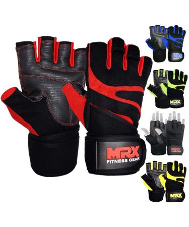 MRX Weightlifting Gloves for Men Workout Gloves Mens Wrist Support Lifting Gloves Male Gym Gloves | Workout Gym Accessories for Men Weight Lifting Fingerless Gym Exercise for Powerlifting Black Red Large