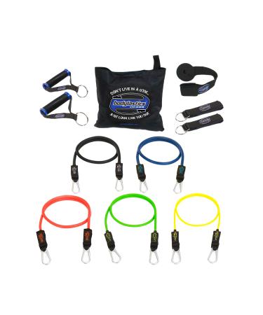 Bodylastics Resistance Band Set - Resistance Bands with Handles, Ankle Straps, Door Anchor, Carry Bag - Heavy-Duty Stretch Exercise Bands -Patented Clips and Snap Reduction Tech -Fitness Workout Bands 96 lbs. - 5 Bands One