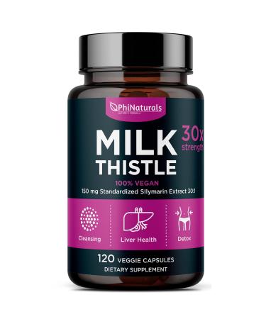 Milk Thistle 150 mg Capsules 120 Count Liver Cleanse Support Detox Vitamin Extra Strength Silymarin Extract Silybum Marianum All Natural Immune Boost Detox Supplement Non-GMO Made in USA