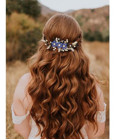 IYOU Flower Bridal Hair Comb Blue Crystal Wedding Slide Combs Pearl Party Bride Hair Pieces Accessories for Women - Buy Online on GoSupps.com