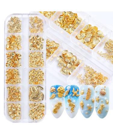 3D Nail Art Metal Decals 12 Shapes Holographic Nail Glitters Sequins Gold Nail Art Supplies Flakes Nail Art Decorations Kit Shell Seahorse Leaf Starfish Nail Charms Sparkles for Acrylic Nails Designs