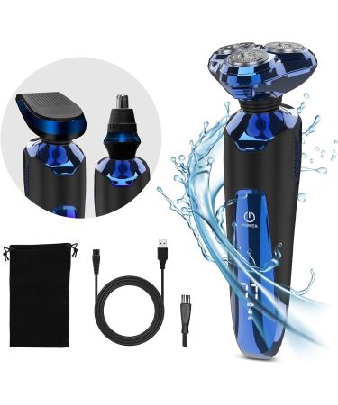 Electric Razor for Men 3 in 1 Shavers for Men IPX7 Waterproof Wet and Dry Mens Electric Shavers Cordless Rechargeable Rotary Shavers Sideburn Nose Trimmer with LED Display & Travel Lock Blue/Black