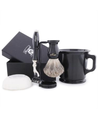 Haryali London 5Pc Mens Shaving Kit 3 Edge Razor Black Badger Hair Brush Bowl Soap and Stand Perfect Set For Men