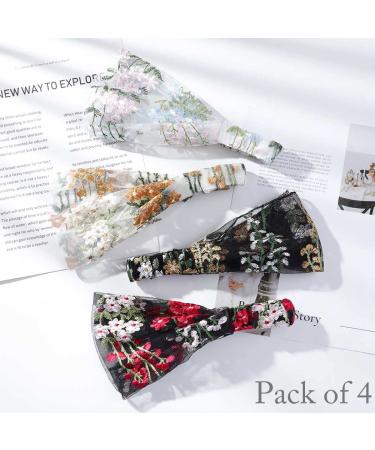 Urieo Lace Headbands Set - Champagne Flower Embroidery Hairbands for Women - Wide Floral Headband for Workout & Vacation - Stretchy Fashion Bandeau Hair Accessories (Set of 4) - Buy Online on GoSupps.com