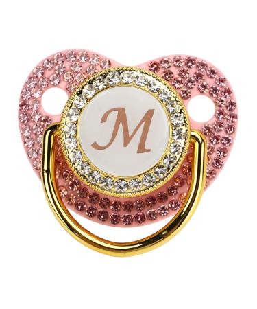 Golden baby pacifier personalized bling pacifier with pacifier clips covered with rhinestones curved design silicone-pacifier baby talent artifact letter m.