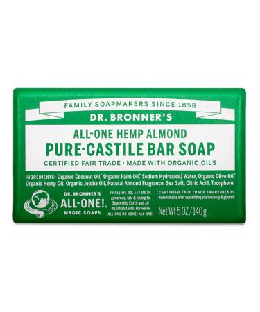 Dr. Bronner's - Pure-Castile Bar Soap (Almond  5 ounce) - Made with Organic Oils  For Face  Body and Hair  Gentle and Moisturizing  Biodegradable  Vegan  Cruelty-free  Non-GMO Almond 5 Ounce (Pack of 1)