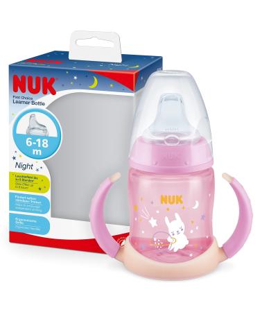 NUK First Choice Sippy Cup Night | 6-18 Months | 150 ml | Glow in The Dark | Handles & Orthodontic Silicone Spout | Leak-Proof | Anti-Colic | BPA-Free | Pink Pink Glow-in-the-dark