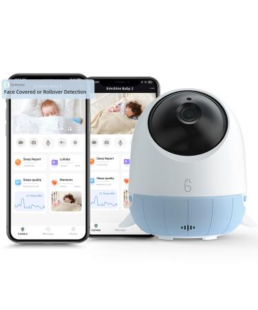 Simshine Baby Monitor with Camera and Night Vision Face Covered Alert AI Cry Soothing Lullaby Peace of Mind Sleep Analysis Breathing Temp Humidity 2K UHD Video Camera 2-Way Talk Blue