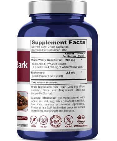 Buy NusaPure White Willow Bark 4000mg - Max Strength Veggie Capsules Non-GMO with Bioperine - 200 Count for Optimal Health - Buy Online on GoSupps.com
