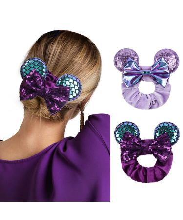 Lanmerry Purple Mermaid Sequin Mouse Ear Sparkle Bow Velvet Scrunchies Hair Ties (Mermaid-FQ)
