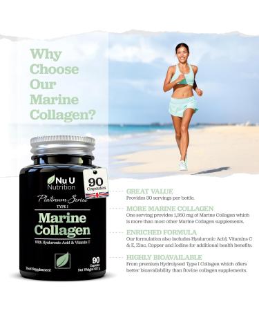 Marine Collagen with Hyaluronic Acid Vitamin C - 90 Hydrolyzed Capsules (not Tablets) - Premium High Strength Collagen Supplements for Women & Men - Type 1 Marine Collagen - Nu U Nutrition - Buy Online on GoSupps.com