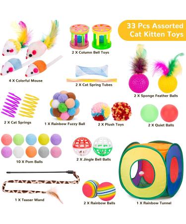 33 PCS Interactive Cat Toys for Indoor Cats - Collapsible Tunnel, Feather Wand, Bell Teaser, Fuzzy Balls, Mouse Toys - For Cats Under 12lbs - Buy Online on GoSupps.com