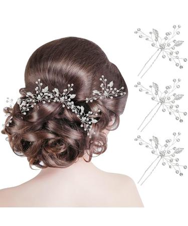 8 Pieces Bride Wedding Pearls Hair Pins Bridal Leaf Flower Hair Pins Rhinestone Bridesmaid Hair Pieces Wedding Hair Accessories for Women and Girls (Silver)