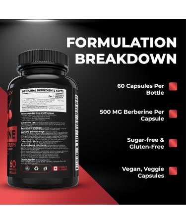 Berberine Supplement - Max Potency 500MG Per Capsule - Supports Glucose Metabolism - Healthy Blood Sugar Levels Through Efficient Metabolism Of Glucose (Sugar) And Lipids (Fats) - 60 Capsules 60 count (Pack of 1) - Buy Online on GoSupps.com