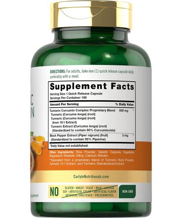Turmeric Curcumin 500mg 180 Powder Capsules | Joint Support Complex with Bioperine | Non-GMO Gluten Free Supplement by Carlyle - Buy Online on GoSupps.com