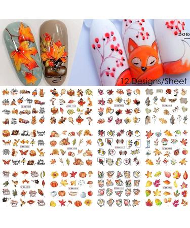 Fall Nail Art Stickers - Autumn Water Decals for Women - 12 PCS Thanksgiving Design Sticker - Maple Leaves, Turkey, Pumpkin - Nail Supplies for Acrylic Nails - Fall B - Buy Online on GoSupps.com