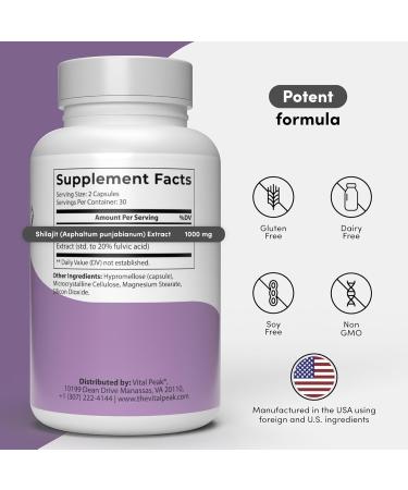 Vital Peak Shilajit 1000 mg - Pure Shilajit Supplements for Men & Women - Vegan Gluten Free Dairy Free Non-GMO - 60 Capsules - Buy Online on GoSupps.com