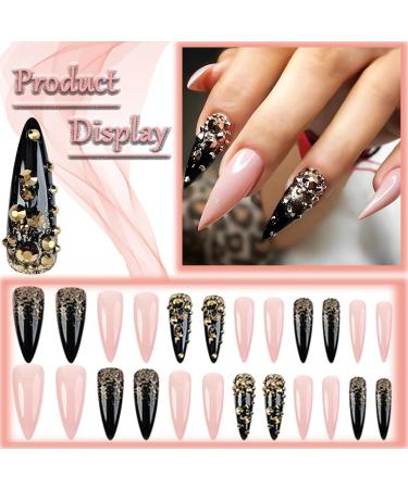 Punk Style Long Stiletto Press on Nails | Glossy Gold Glitter & Rhinestone Design | Luxury Acrylic Fake Nails for Women & Girls - Y2K Punk Manicure - Buy Online on GoSupps.com