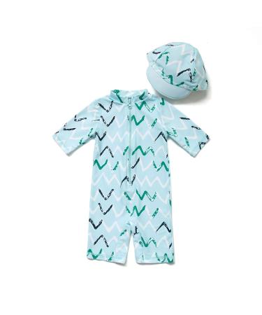 BONVERANO Baby Boys Swimsuit Toddler Bathing Suit Short-Sleeve Zipper One Piece Swimwear with UPF 50+ Sun Protection 9-12 Months Wave