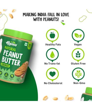 ALPI NO Natural Peanut Butter Crunch 1kg - 100% Roasted Peanuts - 30g Protein No Added Sugar & Salt non-GMO Gluten Free Vegan Plant Based Unsweetened Peanut Butter Crunchy - Buy Online on GoSupps.com