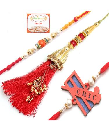 Ghasitaram Gifts Rakhi for Brother Rakhis Online - Set of 3 Ibiza Bhaiya Bhabhi Rakhi and Cricketer Kids Rakhi with 400 GMS of Kaju katli