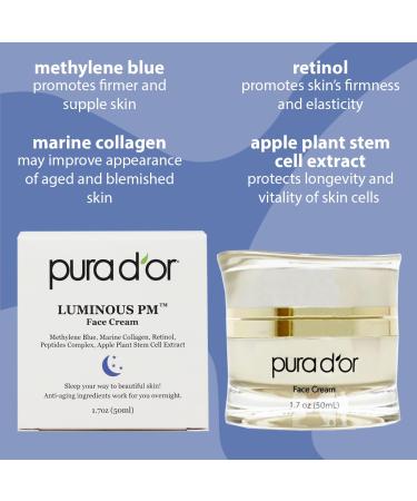 PURA D'OR Luminous PM Face Cream 1.7 Oz | Anti-Aging Night Moisturizer with Methylene Blue Marine Collagen Retinol & Peptides | Overnight Facial Treatment for Men & Women - Buy Online on GoSupps.com