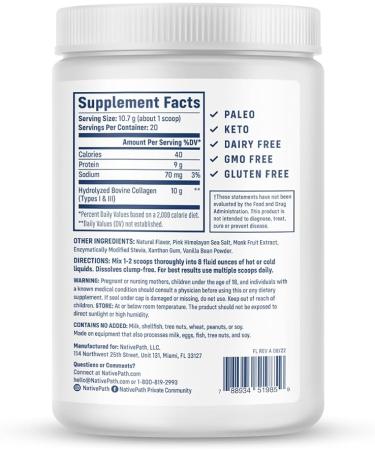 NativePath Collagen Peptides - Hydrolyzed Type 1 & 3 Protein Powder for Hair Skin Nails Bones Joints Digestion - Vanilla Bean 228g - Buy Online on GoSupps.com