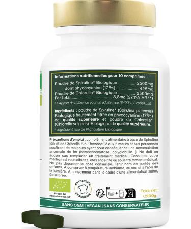 ORGANIC Spirulina & Chlorella | 400 Vegan Tablets of 500mg | 4500mg per day | 17% Phycocyanin Cold Dried | Detox Anti-fatigue Antioxidant | Top Quality - Buy Online on GoSupps.com