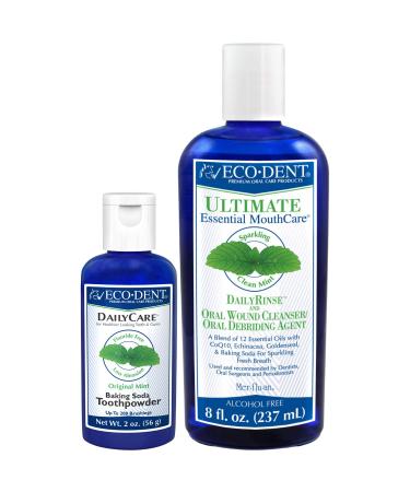 Eco-Dent Oral Care Bundle - DailyCare Baking Soda Toothpowder + DailyRinse Oral Wound Cleaner Debriding Agent Effervescent Tooth Powder & Mouthwash with Essential Oils Mint Flavor (2 Piece Set)