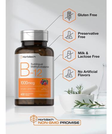 Vitamin B12 Sublingual 1000 mcg | 400 Fast Dissolve Tablets | Methylcobalamin Supplement for Adults | Natural Berry Flavor | Vegan, Vegetarian, Non-GMO | Gluten Free by Horbaach - Buy Online on GoSupps.com